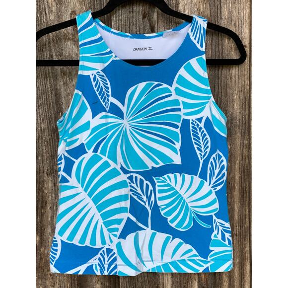 Danskin M Blue Floral Soft Knit Stretch Cotton Workout Fitness Tank w Bra - Picture 1 of 6